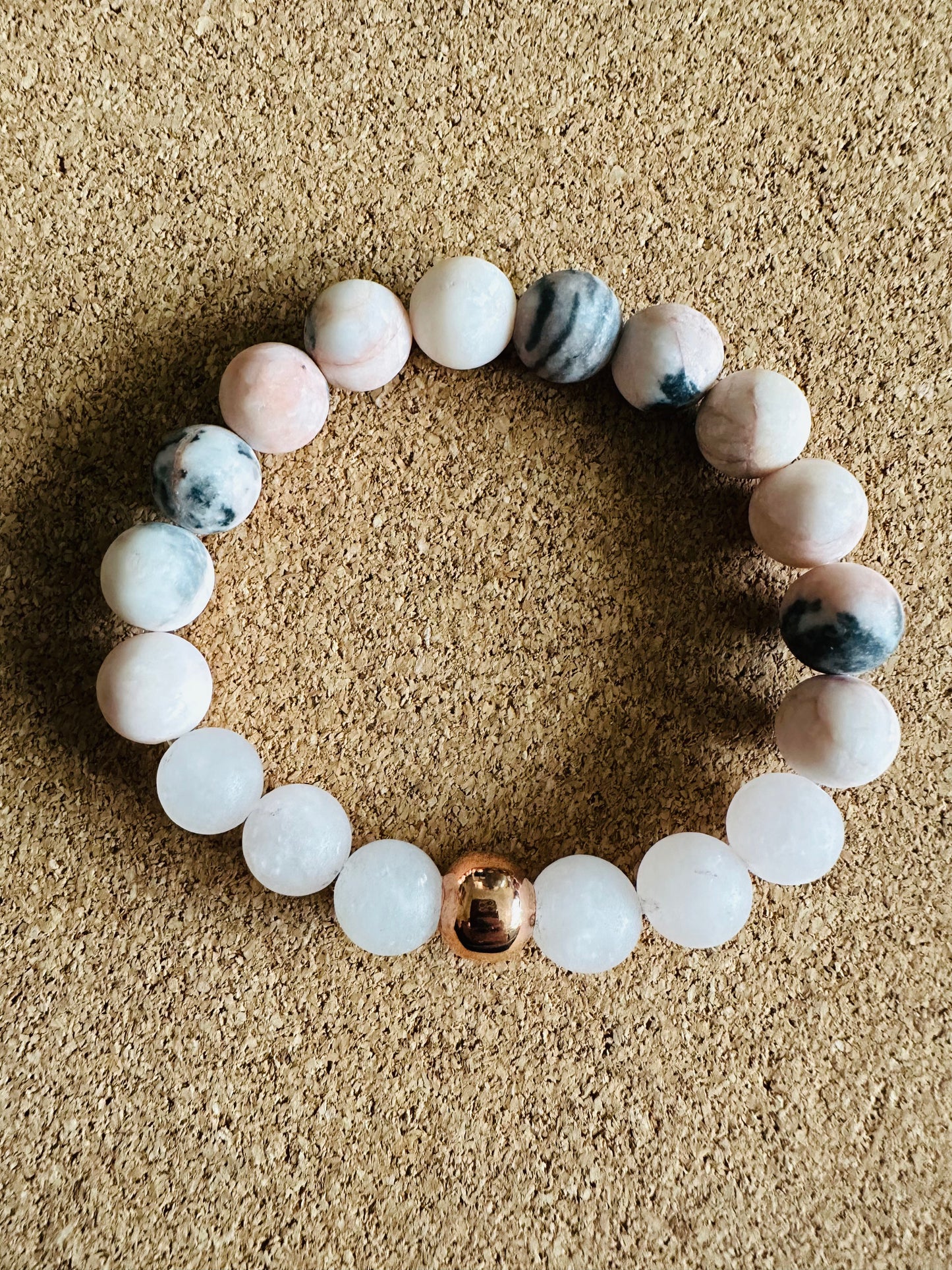 10MM Pink Zebra Jasper & Rose Quartz Stretch Gemstone Bracelet