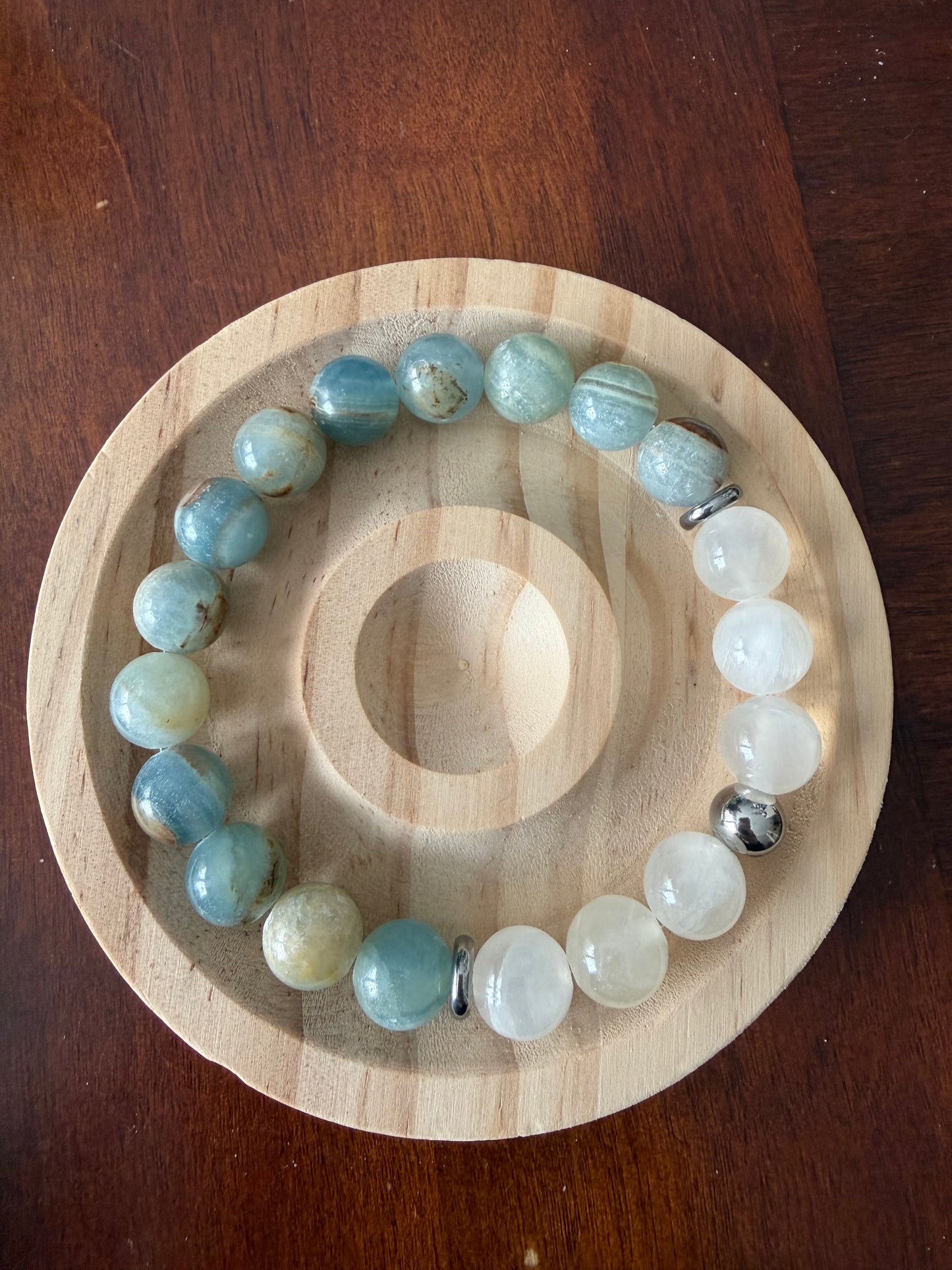 10MM Blue Calcite and Selenite  Stretch Bracelet