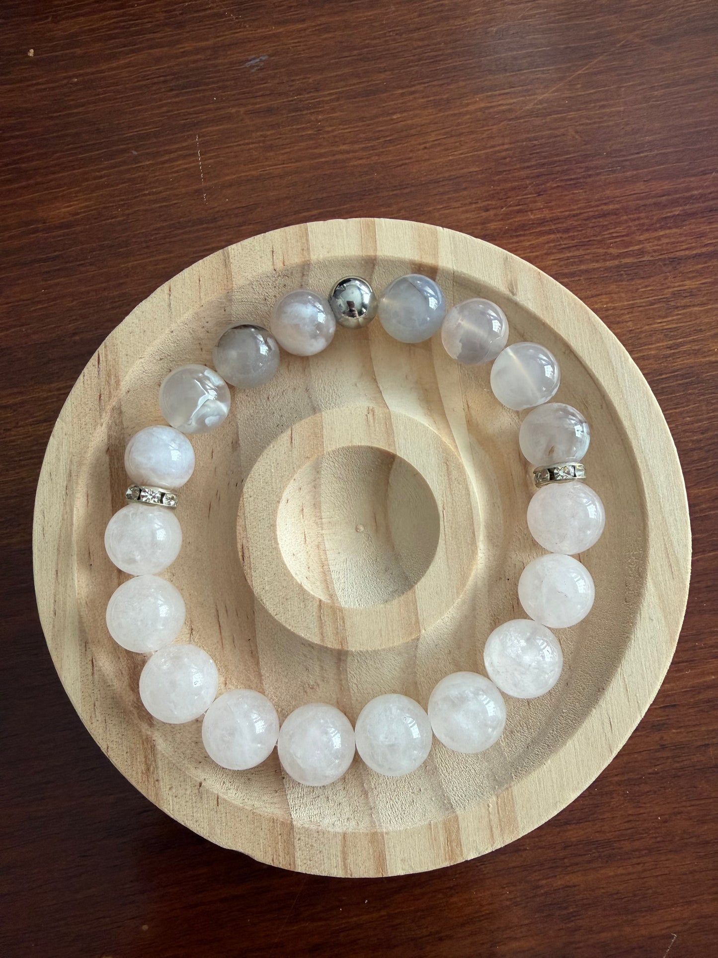 10MM Flower Agate & Rose Quartz Gemstone Stretch Bracelet