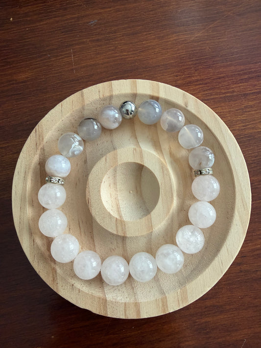 10MM Flower Agate & Rose Quartz Gemstone Stretch Bracelet