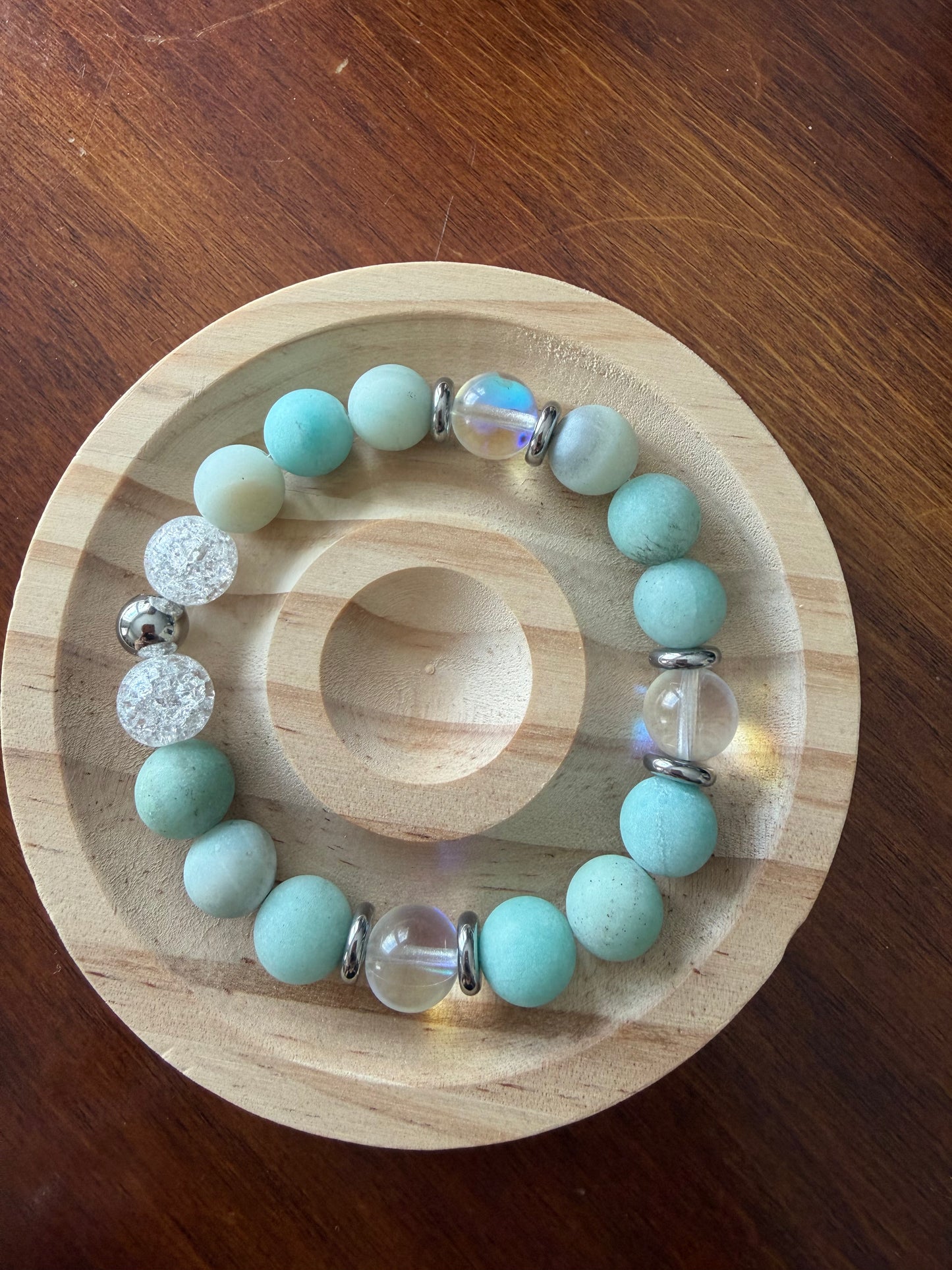 10MM Amazonite, Mermaid Glass, and Crackle Quartz Stretch Gemstone Bracelet