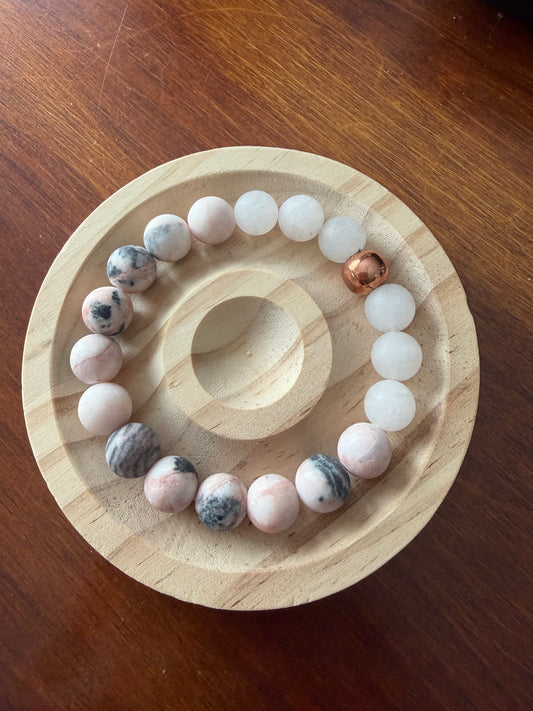 10MM Pink Zebra Jasper & Rose Quartz Stretch Gemstone Bracelet