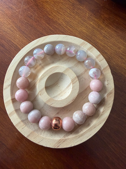 10MM Flower Agate & Pink Opal Stretchy Gemstone Bracelet