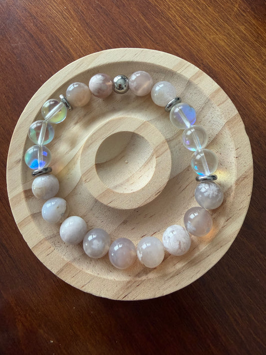 10MM Flower Agate and Mermaid Glass Gemstone Stretch Bracelet