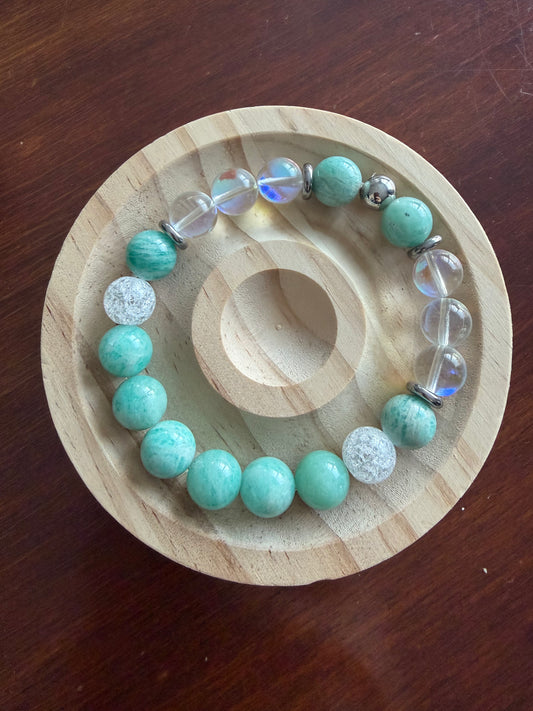 10mm Amazonite+Mermaid Glass+Crackle Quartz Stretch Bracelet