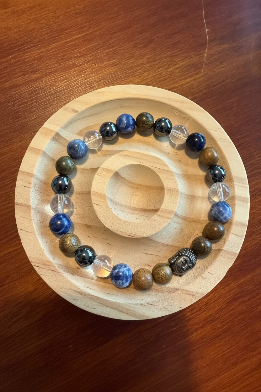 8MM Sodalite, Sandalwood, Clear Quartz, and Hematite