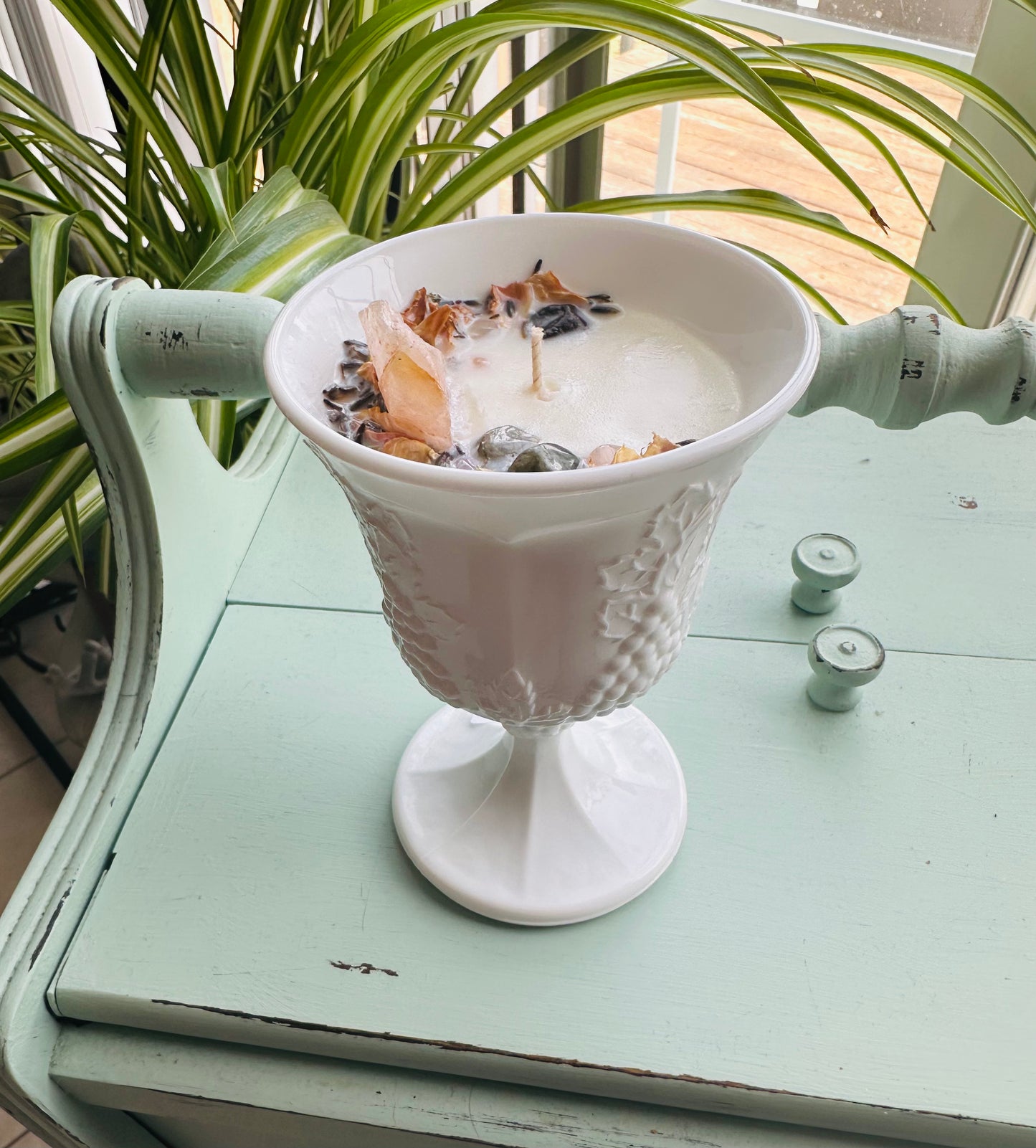 Vintage Indian Colony Harvest Milk Glass Pedestal Goblet Gemstone Candle