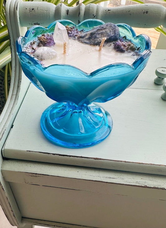 Vintage light blue pedestal dish