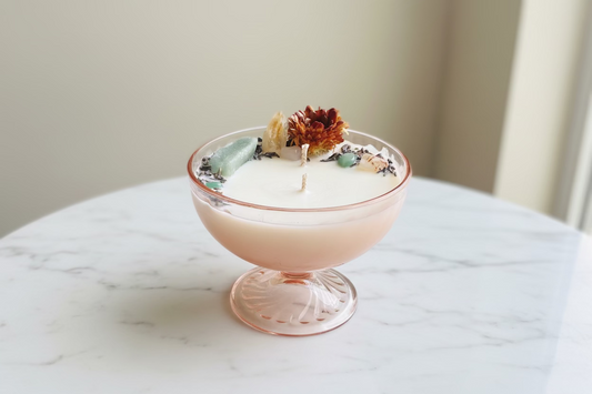 Vintage depression glass candle in peach