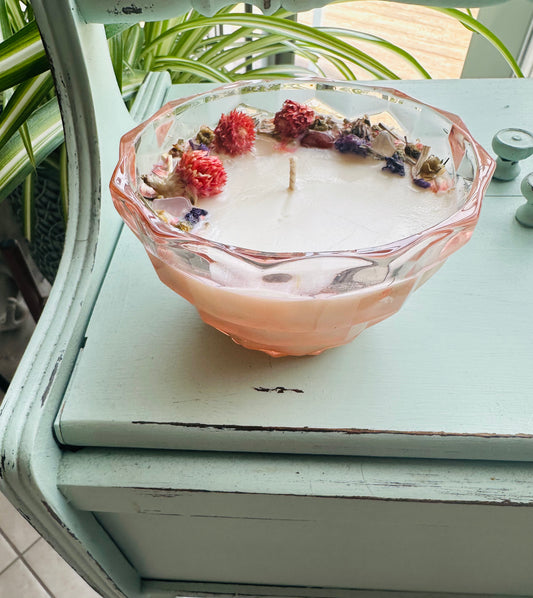 Pink Depression Glass Berry Bowl Gemstone Candle