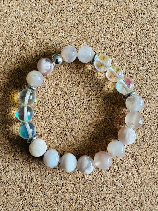 Flower Agate and Mermaid Glass Gemstone Stretch Bracelet