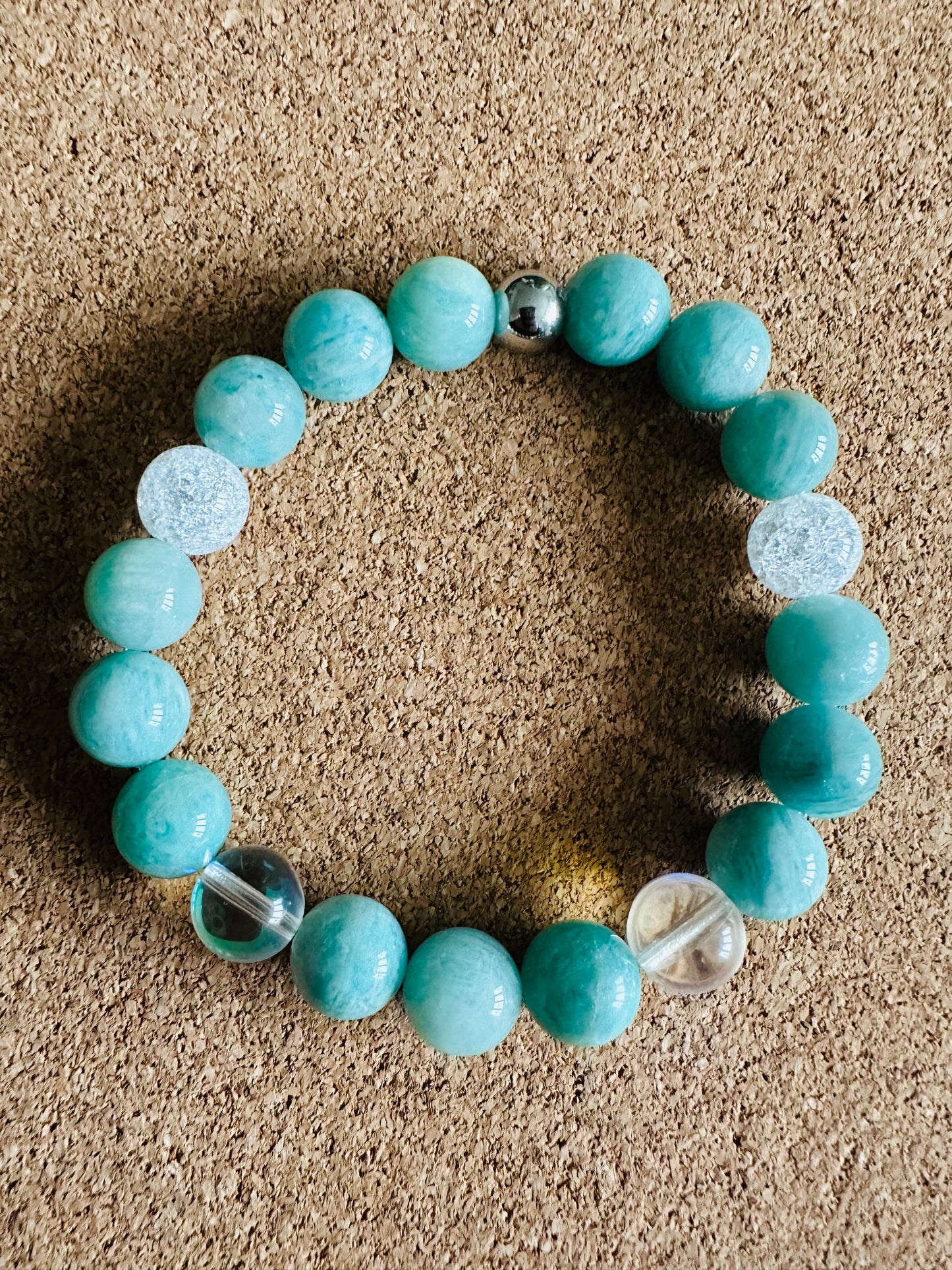 Amazonite,Mermaid Glass, and Crackle Quartz 10mm stretch Bracelet