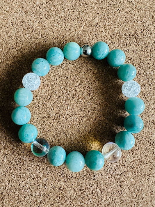 Amazonite,Mermaid Glass, and Crackle Quartz 10mm stretch Bracelet
