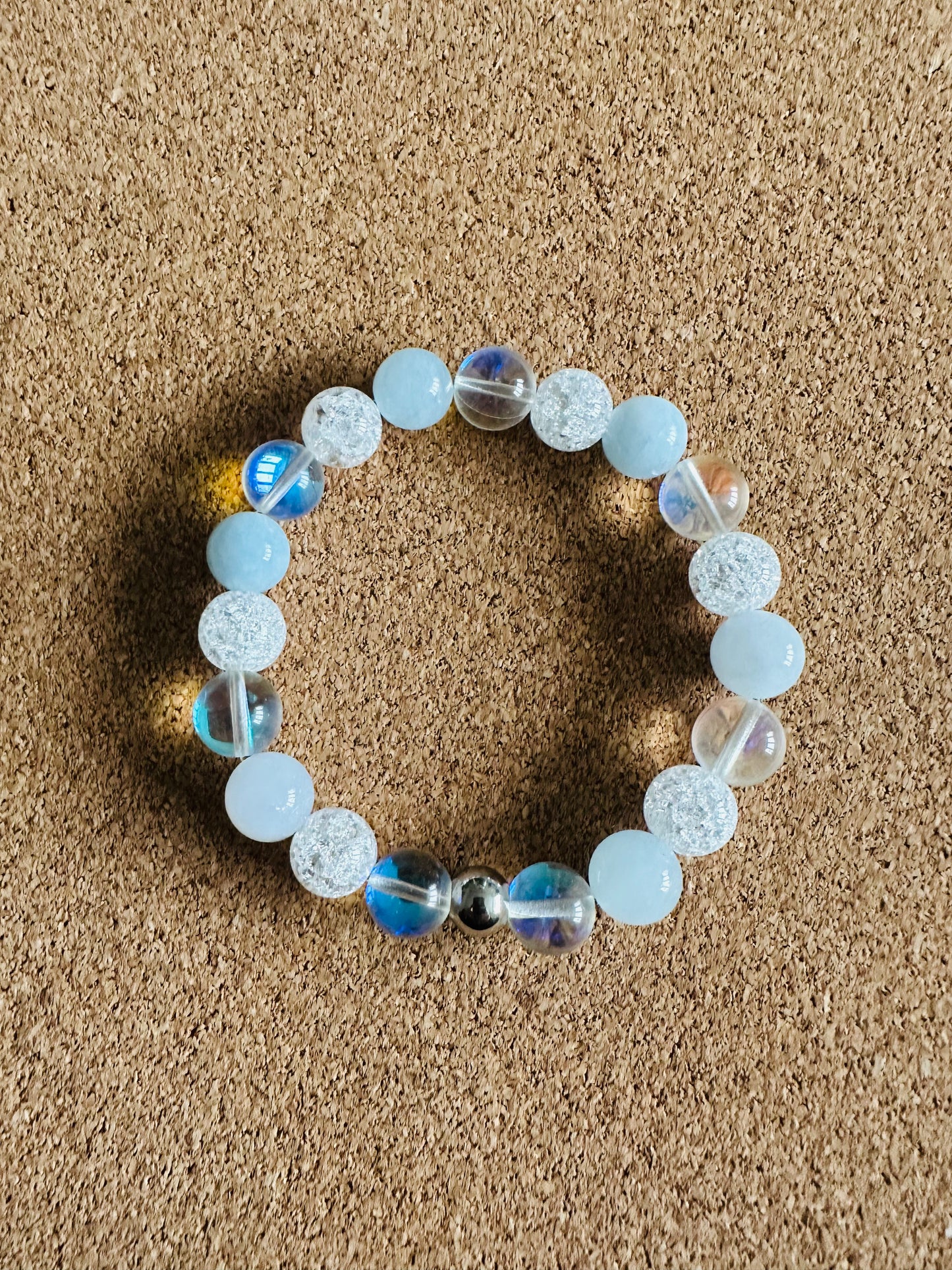 Aquamarine, Mermaid Glass, and Crackle Quartz 10mm Stretch Bracelet