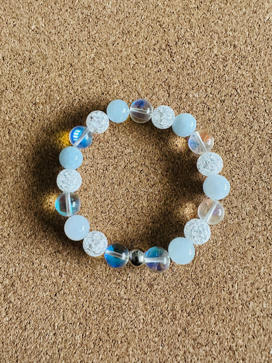 Aquamarine, Mermaid Glass, and Crackle Quartz 10mm Stretch Bracelet