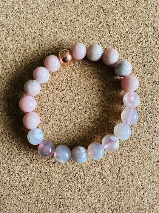 Flower Agate & Pink Opal 10mm Stretchy Gemstone Bracelet