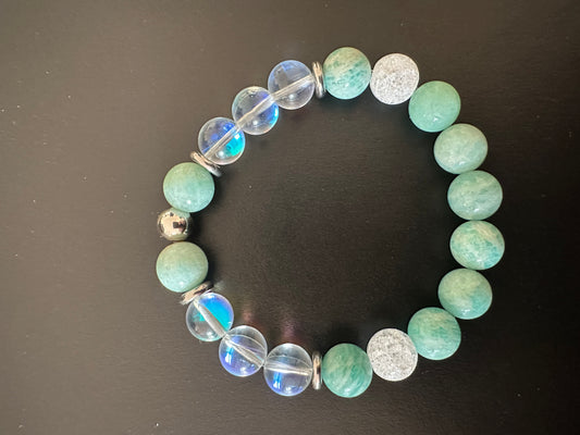 Amazonite, Mermaid Glass, and Crackle Quartz 10mm Stretch Gemstone Bracelet