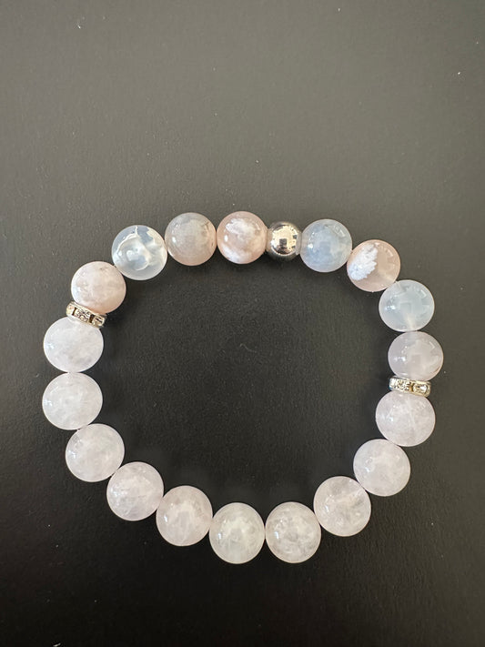 Flower Agate & Rose Quartz 10mm Gemstone Stretch Bracelet