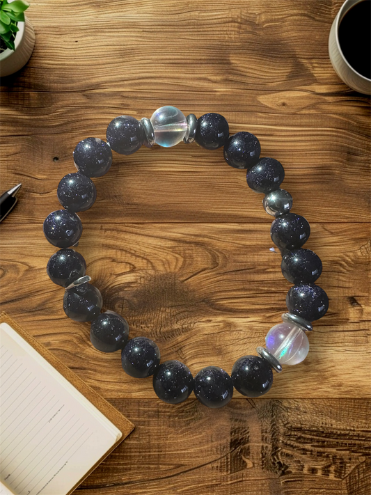 Blue Sandstone and Mermaid Glass 10mm Gemstone Stretch Bracelet